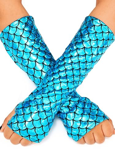 GEMILY Mermaid Fish Scale Gloves Fingerless Metallic Arm Sleeves for Women((Blue)