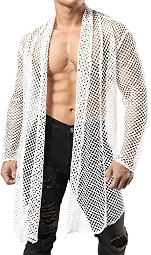 Gefomuofe Hommes Transparent Chemise Tricot Cardigan Col Châle Pull Sexy Masculin Personnalité Flirty Creux Long Cardigan Col Châle Cardigan Long pour Hommes, Blanc., L