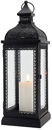 TRIROCKS Rustic Style Metal Candle Lantern Large Decorative Candlestick Holder with Tempered Glass for Thanksgiving Christmas Living Room Garden Patio Parties Indoors Outdoors (Black)