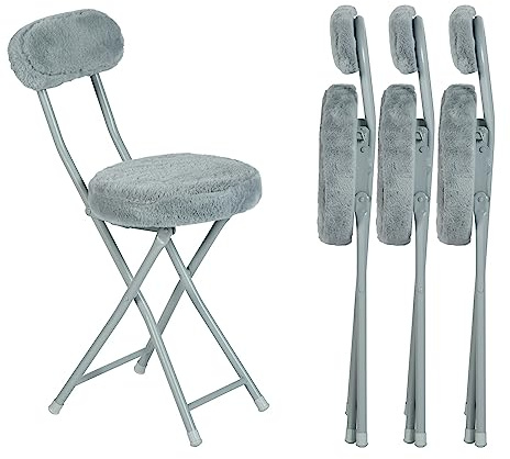 Meuble Cosy Lot de 4 Chaises Pliante Tabourets Pliable Coussin Rond en Fourrure avec Dossier et Repose-Pieds, Siège de 49 cm de Haut, Style Scandinave, Gris, 30x45x75cm