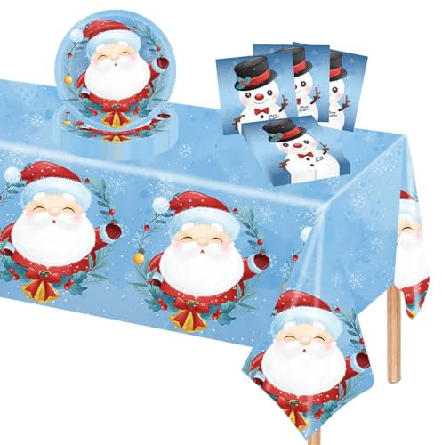 POPOYU Weihnachtspapier Partygeschirr Dekoration,37 Stück Pappteller Weihnachten Geschirr Servietten Tischdeko Blau,Weihnachtspapier Papier Partygeschirr Set für 16 Gäste Weihnachten Dekoration