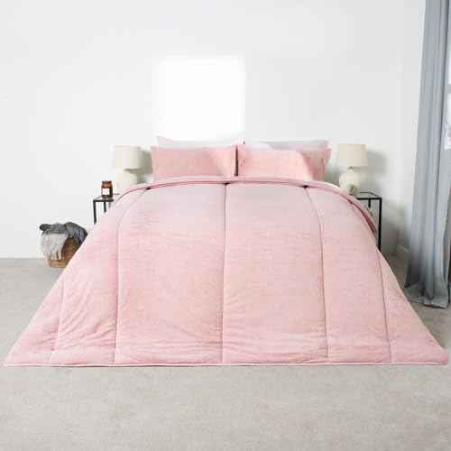 OHS Teddy Fleece Coverless Duvet Double 10.5 Tog, Double Duvet Set with Pillowcases Winter Bedding Quilt Covers Warm Fluffy Coverless Duvets, Pink