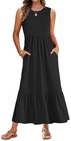 AUSELILY Sleeveless Maxi Dresses for Women UK Black Ladies Summer Dresses Long Beach Cover-ups Sun Dresses Flowy Tiered Swing Dresses with Pockets XL