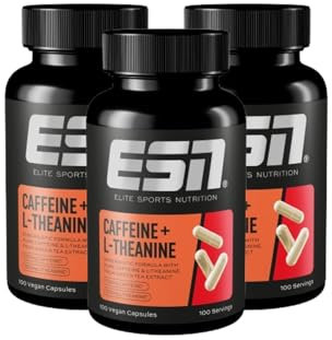 ESN Caffeine + L-Theanine Caps, 3 x 100 Kapseln für 300 Portionen, mit 100 mg Koffein und 100 mg L-Theanin aus Grüntee-Extrakt pro Kapsel, für Konzentration beim Trainieren und Arbeiten, vegan