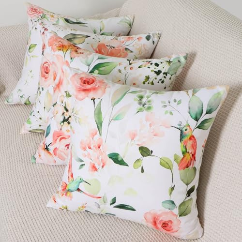 Betadistor White Cushion Covers Set of 4 with Big Flowers Pattern Art Decorative Pillow Cases for Living Room Sofa Farmhouse, Flowers, 503-0060