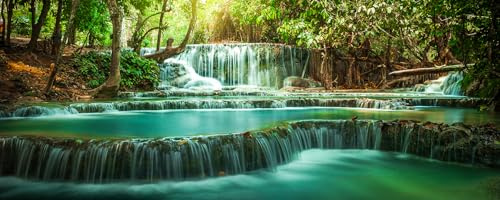 STYLER Glasbild Laos 50 x 125 cm I Naturmotiv Wasserfall Terrassen türkisfarbenes Wasser Regenwald I Modernes Wandbild auf Glas I Hochglanz Wanddeko Wohnzimmer Schlafzimmer Panorama