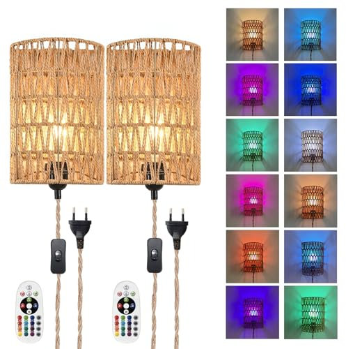 YNDD 2 Stück Wandleuchte Innen Rattan, Boho Hanfseil mit Fernbedienung Dimmbar RGB Wandlampe mit Schalter & Stecker, Rustikal Vintage E27 Wandlicht mit Kabel für Schlafzimmer Treppenhaus Korridor