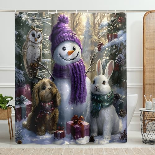 Cortina de ducha de invierno del país de las maravillas, bonito diseño de muñeco de nieve, búho, perro, conejo, para decoración de baño de vacaciones, juego de cortina de ducha de tela de felpa con