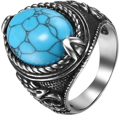 JewelryWe Türkis Ring Herren Siegelring: Vintage Edelstahl Herren-Ring mit Blau Ovalem Türkis Stein Punk Adler Fingerring Bandring Daumen Band Marine Schmuck Geschenk für Männer Vater Silber Größe 65