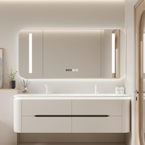 Moderno armario con espejo LED sin niebla, doble lavabo, tocador de baño con amplio espacio de almacenamiento, gran mueble flotante de madera maciza, 160 cm