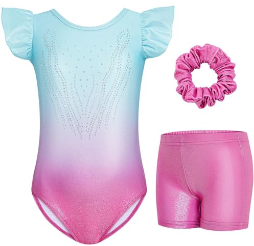 Gogokids 3-delat set med fladdrande ärmar, gymnastikdräkt för barn, gymnastiktröjor med färggradient, paljetter och glitterdesign, gymnastikdräktsetet innehåller tröja, shorts och hårband för 3–12 år