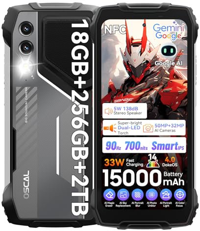 OSCAL PILOT 1 Rugged Smartphone 2025, 18GB+256GB/2TB TF| 15000mAh/33W|50MP+32MP rugged phone|70LM LED rugged mobile phones|90Hz+6.67-inch FHD|Android 14| NFC/GPS/Fingerprint/Dual SIM/OTG