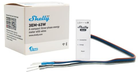 Shelly 3EM-63W Gen3, WLAN-Energiemessgerät für Drei- oder Einphasenanlagen, Echtzeit-Vier-Quadranten-Messung, Keine Lastschwelle, Photovoltaik-kompatibel, Kein Hub Erforderlich