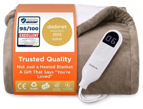 Bedsure Electric Blanket Heated Throw - Flannel, 130x160cm, Taupe | Soft flannel with 6 heat settings and 10-hour timer with fast heating and overheat protection