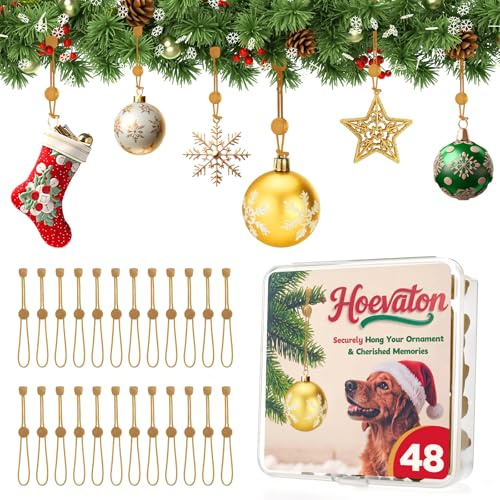 48 PCS Adjustable Christmas Bauble Hooks for Tree Decorations, Non-Slip Ornament hooks for Hanging Small & Heavy Ornaments, Xmas Reusable Hangers Strings for Tree, Wreath & Vine (Gold, 48 Count)