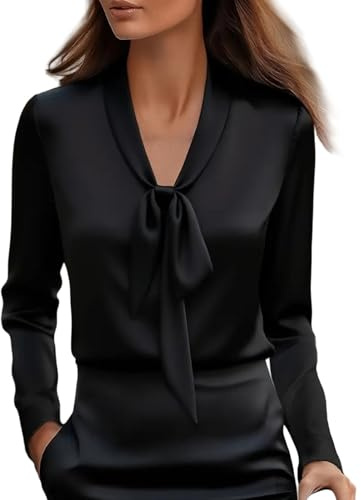 Camicia da Donna in Raso Elegante Camicia in Raso Elegante Maglietta in Chiffon Button Down Blusa Seta Business con Scollo a V Sciolto Camicetta Ufficio Basic Casual Top da Lavoro Slik Moda