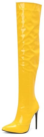 Dasongff - Botas altas para mujer sexy de látex con tacón alto de aguja caliente invierno bota mujer sexy rodilla bota elástica talón bloque pantorrilla negro marrón, amarillo, 43 EU