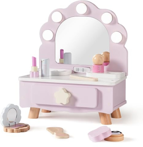 ROBUD Sminkbord lekset för barn med ljus, trämakeup toalettbord med spegel och sminkset, barnsmink rollspelsset, presenter till flickor från 3 år