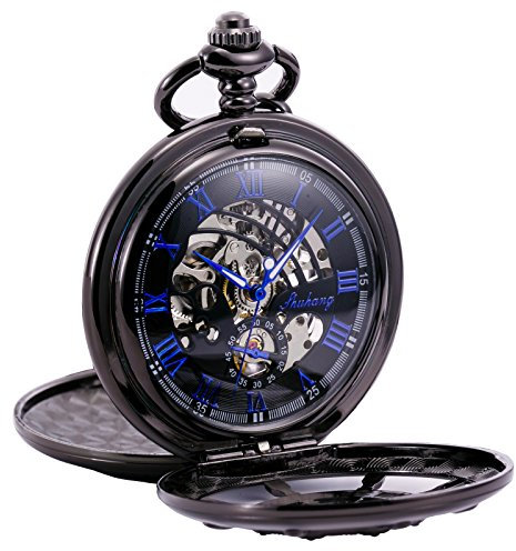 TREEWETO Unisex Taschenuhr mit Kette Analog Handaufzug Doppelscharnier Ruder Skelett Schwarz Blau