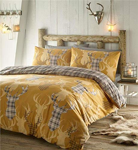 Homemaker Rustic stag duvet sets & tartan check quilt cover ochre mustard reversible bedding (Double)