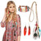 HOWAF Indianer Kopfschmuck Damen Indianer Stirnband Federschmuck Haarband indianisch Bohemian Haarschmuck und Indianer Halskette Ohrringe für Karnevals kostüme Zubehör Indianer kostüm Accessoire