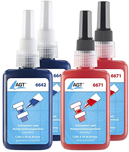 AGT Schraubenkleber: Schrauben- und Muttersicherungsmittel, mittel- und hochfest, 4x 50 ml (Schraubensicherungslack, Muttern-Kleber, Sekundenkleber)