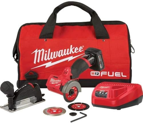 Milwaukee M12 FUEL 3 Compact Cut Off Tool Kit - 24V, 4Ah, 4A, 1.5E+3 RPM, 3 Max. Chuck Size, Black/Red