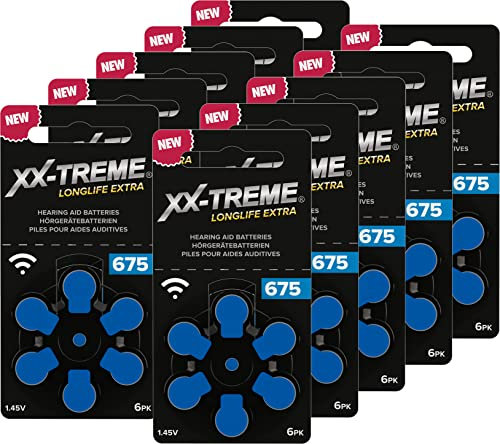 XX-Treme Longlife Extra Hörgerätebatterien Typ 675-60 Stück Hörgeräte Batterien konzipiert für höchste Leistung - Pack mit 10 Blistern à 6 Hörgerätebatterien – PR44 Farbcode blau 1,45 Volt