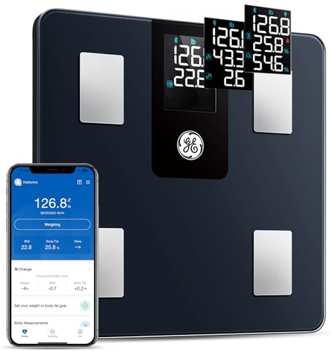 GE Smart Scale for Body Weight BMI Fat Muscle Mass with 14 Body Composition Metrics & All-in-one LCD Display, Digital Bathroom Weight Scales Bluetooth with App, Accurate Weighing Machine 400 lbs