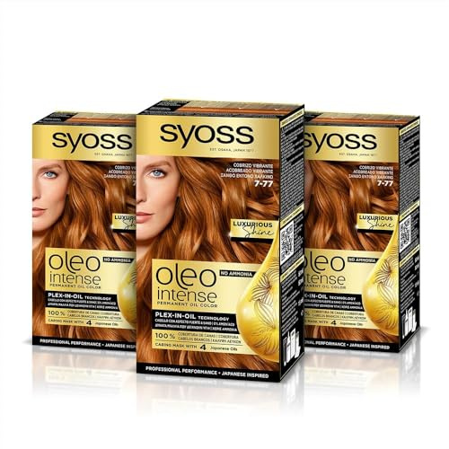 Syoss Oleo Intense - Tinte 7-77 Cobrizo Vibrante – Coloración permanente Sin Amoníaco – Cobertura profesional de canas – Resultados de peluquería (Pack De 3)