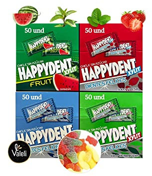 Valeli, Chicles sin Azúcar Happydent 200 und y Bolsa Chuches 50gr. Sabores surtidos: menta, hierbabuena, sandía y fresa