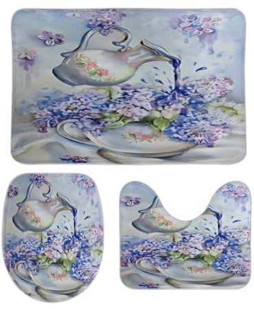 Rug Non-Slip 3 Piece Set Beautiful Lilac Flowers Purple Anti Slip U Shape Wc Toilet Rug Novelty Pedestal Mat Toilet Lid Cover Machine Washable Bathroom Mat Set