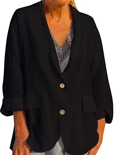 Veste d'été légère et longue en lin pour femme - Grandes tailles - Élégante - Noir et blanc - Blouse blazer ouverte sur le devant - Veste blazer d'affaires avec poche et boutons - Veste matelassée /