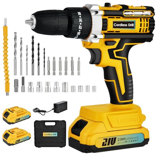Anveltech Taladro Percutor a Bateria 21V, Taladro Atornillador Batería, Destornillador Electrico 45N.m, Ajuste De Torque 25+3, Con Baterías 2*2.0AH, 2 Velocidades,Set Taladro Inalámbrico 24 Accesorios
