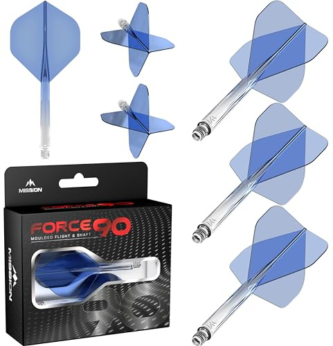 Mission Darts Force 90 | Integrated Precision Moulded Dart Flight and Shaft System, Pack of 3 Professional Highly Durable Combined Dart Flights and Stems | Standard No.2 (Blue Gradient, Medium)