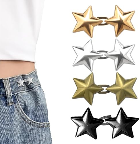 Chaofatchoy 4Pairs Star Waist Tightener, Adjustable Waist Tightener for Jeans, Pants, Skirts, Sleeves, Sweaters, Metal, Gold, Silver, Shiny Black, Bronze