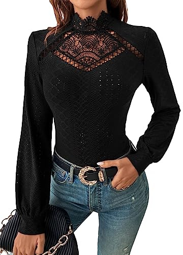 GORGLITTER Women's Eyelet Lace Long Lantern Sleeve Tops Mock Neck Skinny Cut Out Blouse T Shirt Black XL