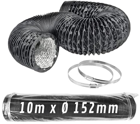 CONTROL GARDEN Tubo Flexible Aluminio Color Negro Ø 152 mm Longitud 10 m | Conducto Aire Ventilación + 2 Abrazadera Acero | Manguera Flexible Extractor de Aire