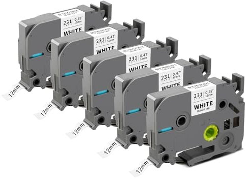 5x Kompatibel für Brother P-Touch Bänder 12mm TZe-231 TZ-231 Ub-231 Etikettenband für P-Touch Brother Beschriftungsgerät PT-1010 D400 H105 H100R H107 H100LB D200 1000, Schwarz auf Weiß Schriftbänder
