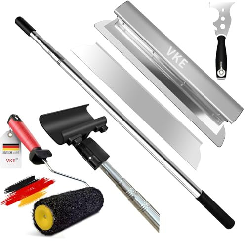 VKE Llana Para Alisar Paredes con Palo Telescópico 2,1m y Mango ergonómico, Espatulas Pladur kit,espátula multifunción, rectas/curvas, para enlucir (Juego de raspador de área grande de 6 piezas)