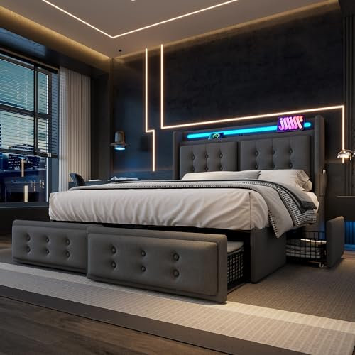 Polsterbett 180x200, LED Doppelbett Stauraumbett mit 4 Schubladen&USB C Ladefunktion&Staufach, Bett Funktionsbett Jugendbett Rückenlehne Bettgestell mit Holz Lattenrost, Baumwolle, Ohne Matratze, Grau
