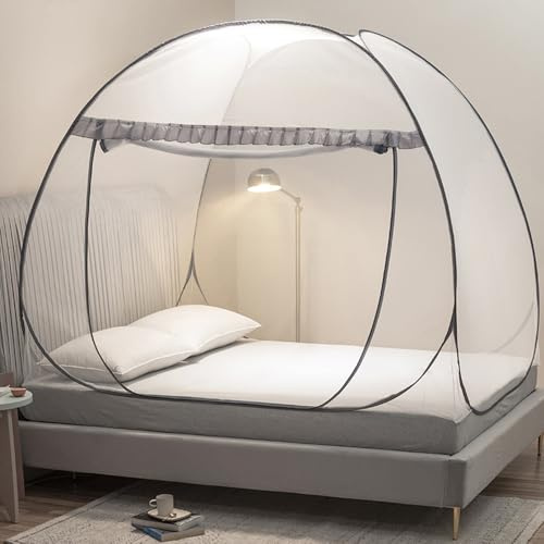 Pop Up Mosquito Net Tent for Beds with Bottom,Bed Canopy Portable Foldable Mosquito Netting for Bedroom and Outdoor Trip (Gray, King)