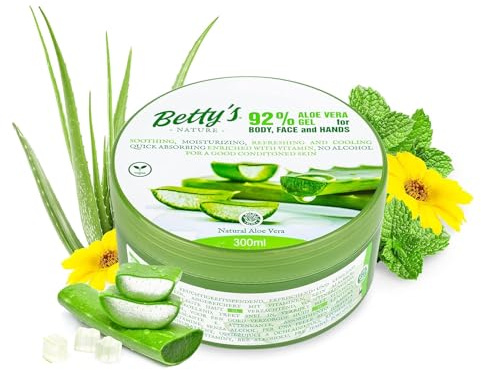 Aloe Vera Gel 300ml Natürliche beruhigende und pflegende Feuchtigkeitscreme Bio Creme 92% Pur, Ideal für Sonnenbrand Reparieren, trockene strapazierte Empfindliche Haut - für Gesicht, Haare und Körper