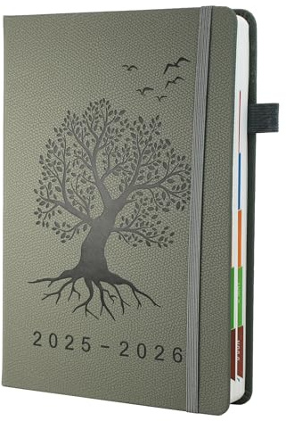 Diary 2025-2026 - Academic Diary A5 Page a Day, Mid-Year Productivity Planner (Jul.25-Jun.26) with Monthly View, Colourful Tabs Famous Quotes, Inner Pocket, 5.9 x 8.5(Green)