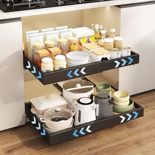 OUUTMEE 2 Packs Expandable Pull Out Cabinet Organizers Adhesive,for Kitchen | 3 Slide Rails Slide Out Drawers, No Drill Slide out Shelves for Home Kitchen Cabinet, Adjustable Width 32-52CM, Black