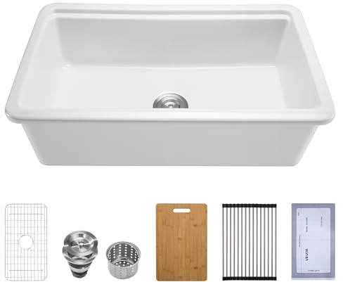 VEVOR Évier de cuisine de ferme en argile réfractaire, 835x485 mm, lavabo cuisine blanc sous plan, cuve simple à encastrer, avec plusieurs accessoires, évier lave-vaisselle ménager grande capacité