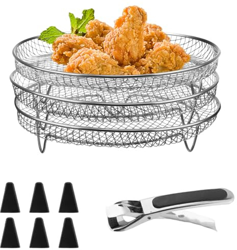 MUNTE 3 Piezas Rejilla Air Fryer Apilable, Rejilla Freidora Aire de Acero Inoxidable, Diámetro 20 cm, con Patas de Silicona y Clips Anti-Escaldaduras, para Hornear