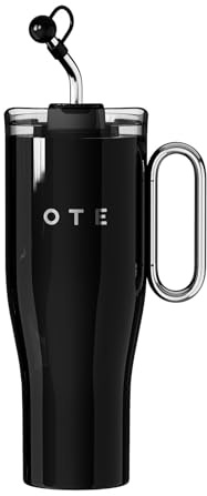 OTE 40oz Thermobecher mit Strohhalm und Henkel, Kaffeebecher to go, Doppelwandiger Edelstahl Vakuum Isolierbecher mit Deckel, Reisebecher Autobecher Becher für Heißer und Kalter Getränke, Schwarz