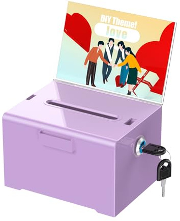 Uniclife 16 x 12.7 x 10 cm Purple Acrylic Donation Box with Lock and Slot | Ballot box with sign holder; plastic suggestion boxes,cash storage drop chest for fundraising, voting, raffle