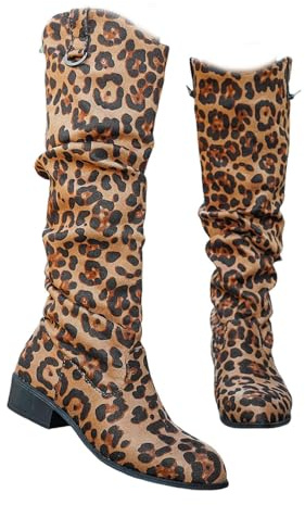 Qgtxf Femmes Bottes de Cowboy Haut Genou Bottes Décontractées À Talons Bas À Orteil Pointé Chaussures À Glisser Imprimées Leopard(Leopard 2,38 EU)